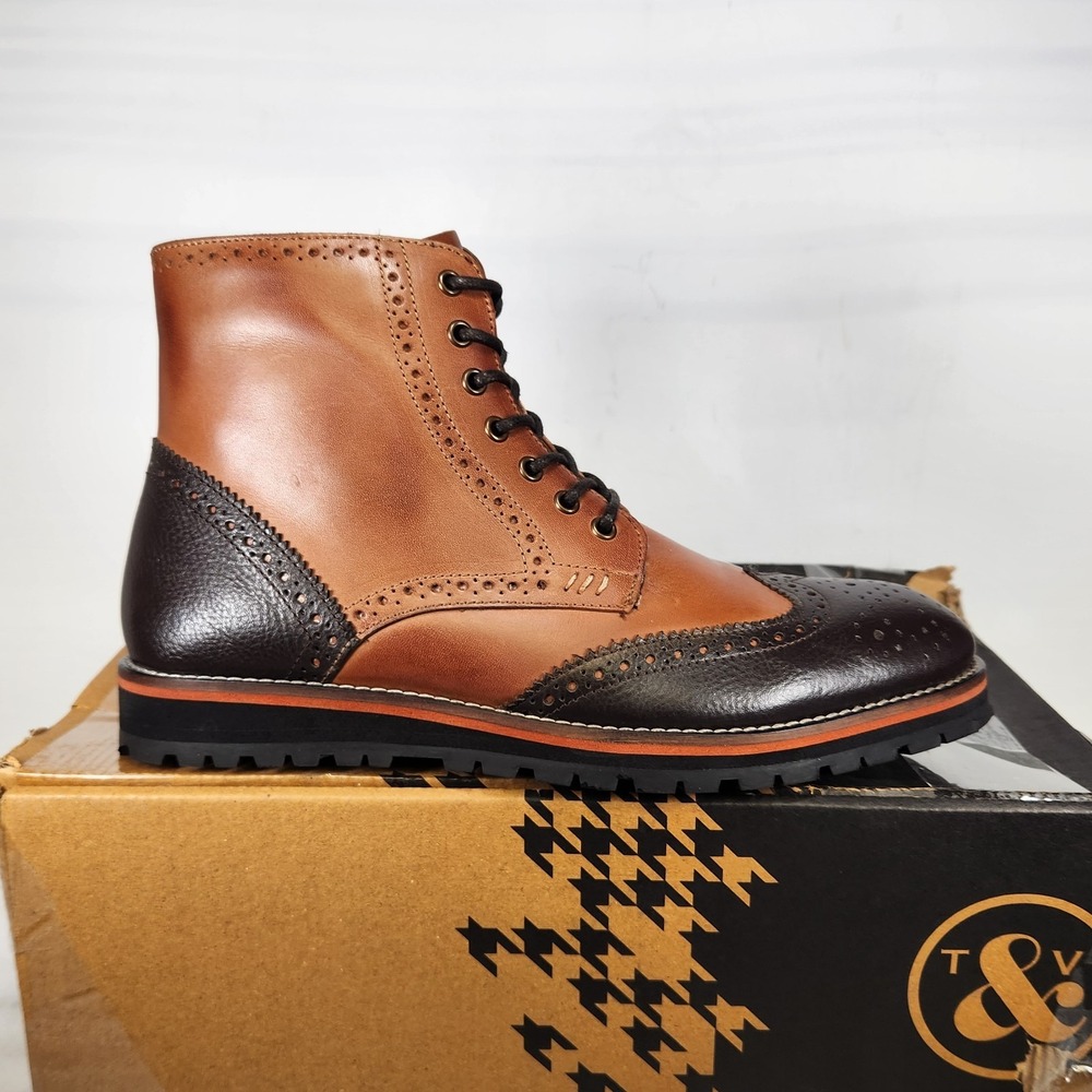 Thomas & Vine Elijah Boot Mens Size 8 Tan Two-Tone Leather Wingtip Brogue Zip Up